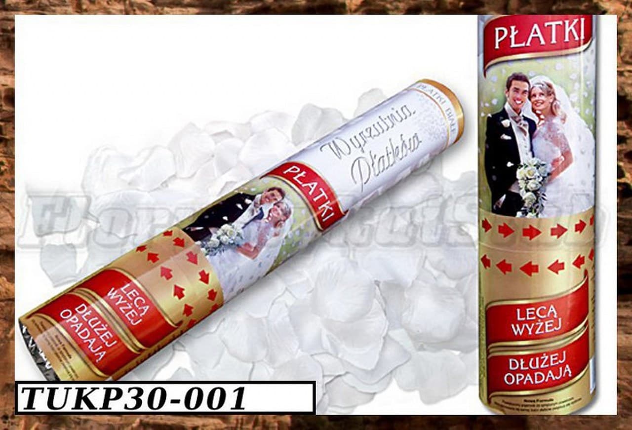 Wystrzałowe konfetti, tuba 30cm białe płatki róż