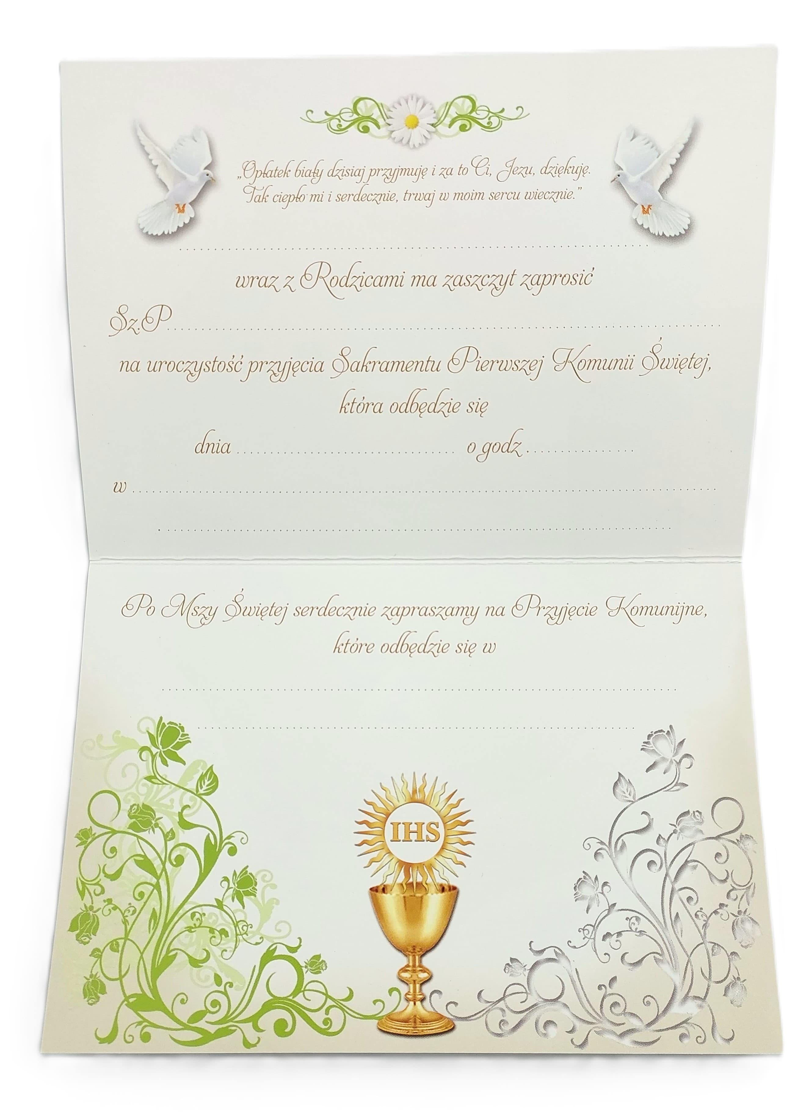 Zaproszenie komunijne kremowe Hostia gołebie 10szt