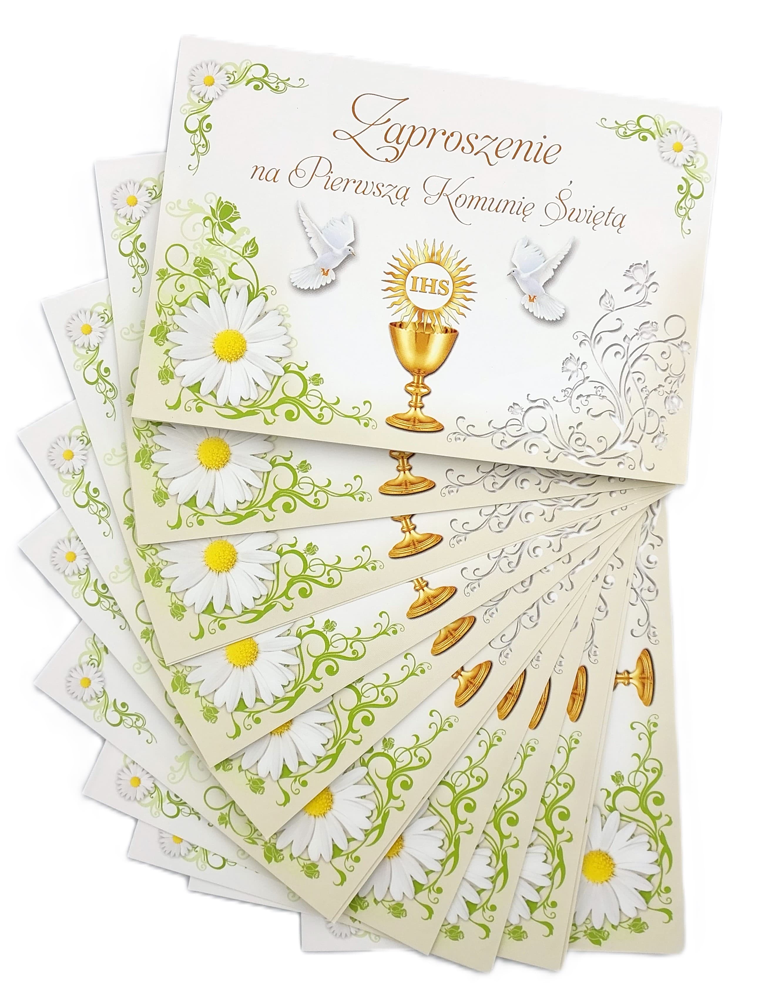 Zaproszenie komunijne kremowe Hostia gołebie 10szt