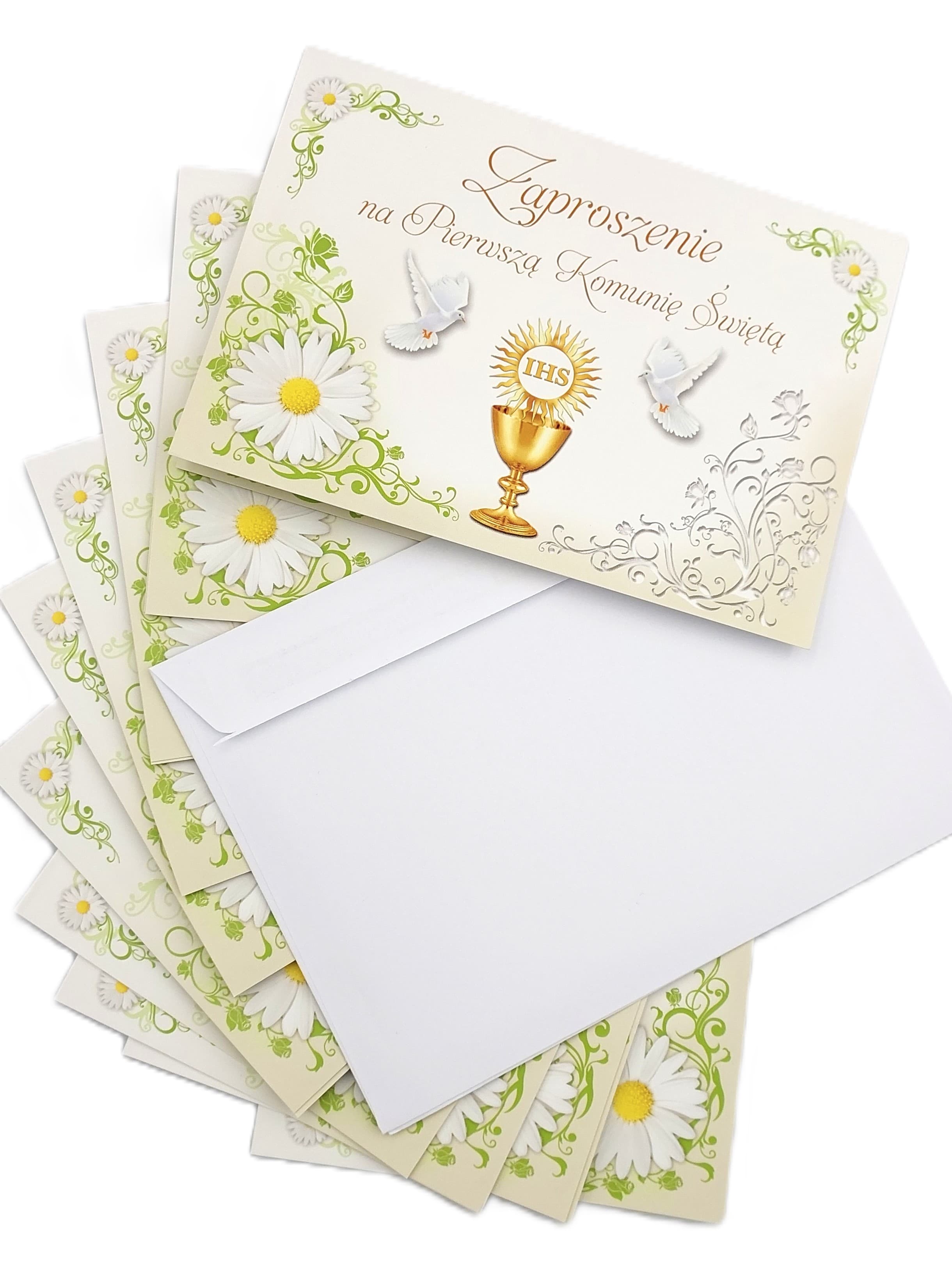 Zaproszenie komunijne kremowe Hostia gołebie 10szt