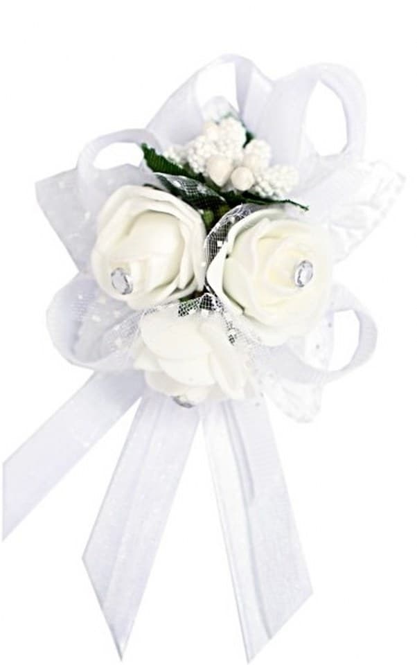 Duży kotylion dla rodziców 6x9cm, biały z dżetami