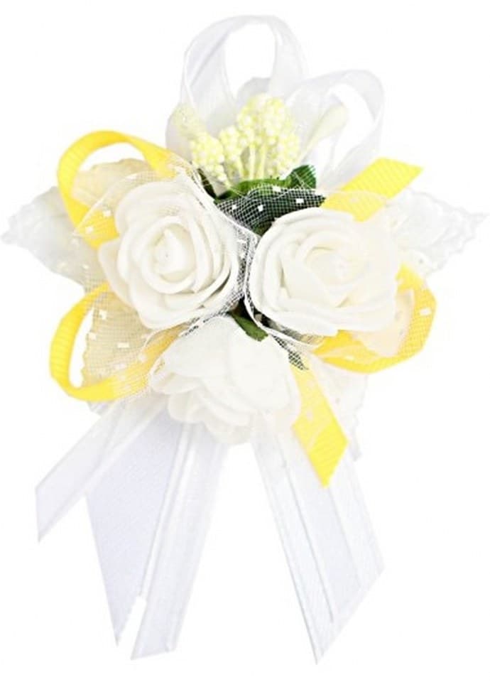Duży kotylion dla rodziców 6x9cm, biało/żółty