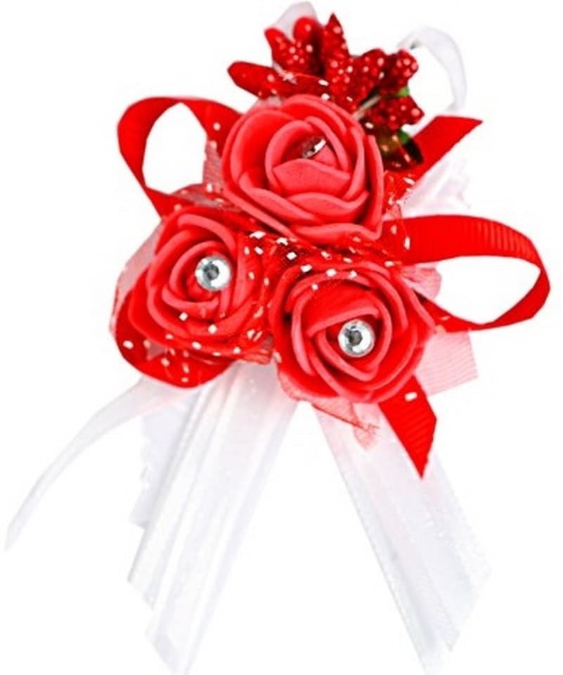 Duży kotylion dla rodziców 6x9cm czerwony z dżetem