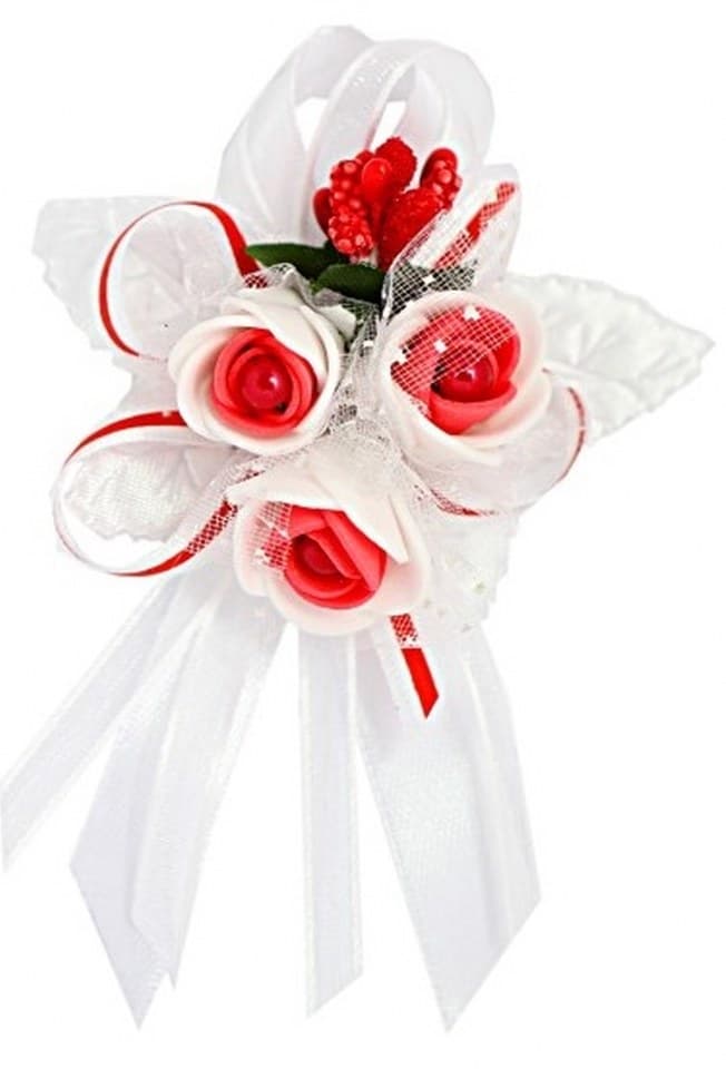 Duży kotylion dla rodziców 6x9cm b/czerwony+perła