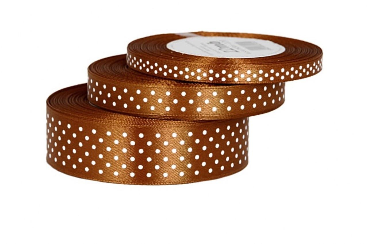Wstążka satynowa w kropki 6mm/22mb, brązowa