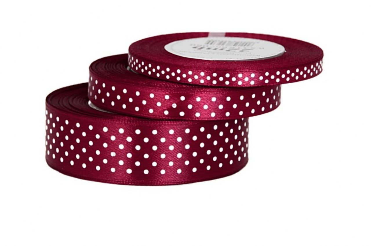 Wstążka satynowa w kropki 6mm/22mb, bordowa