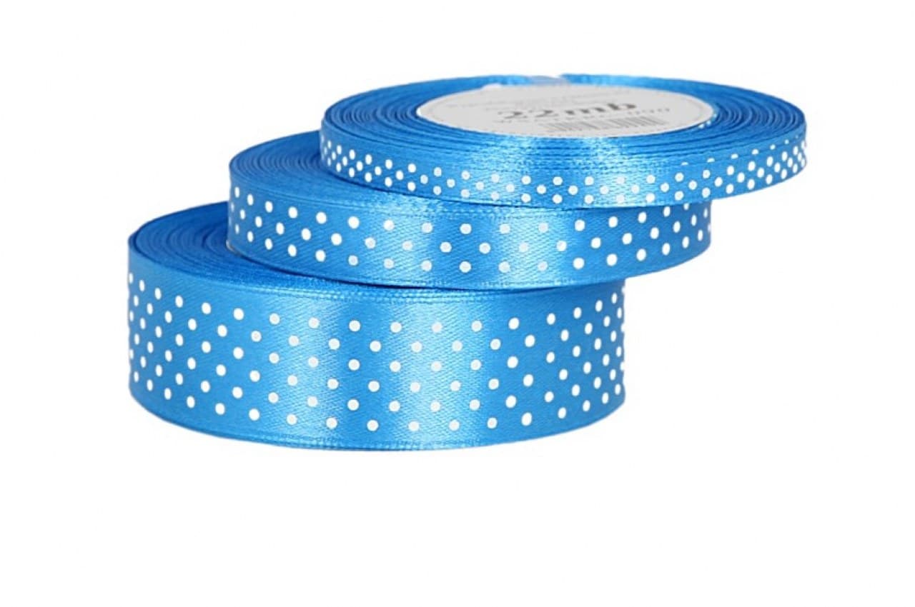 Wstążka satynowa w kropki 12mm/22mb, niebieska