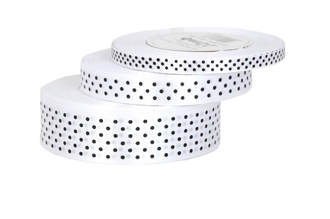 Wstążka satynowa w kropki 25mm/22mb, biała/czarne