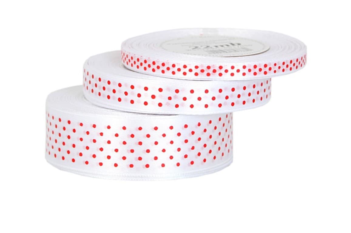Wstążka satynowa w kropki 6mm/22mb, biała/czerwone