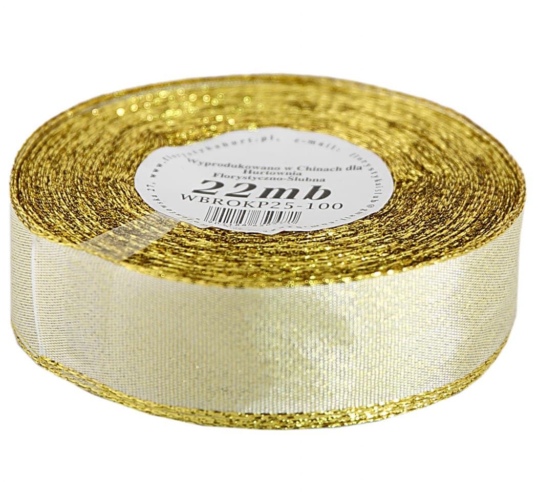Wstążka brokatowa w paski 25mm/22mb, złota