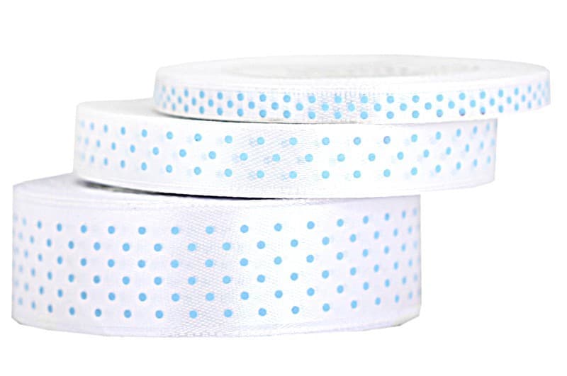 Wstążka satynowa w kropki 25mm/22mb biała/błękitne