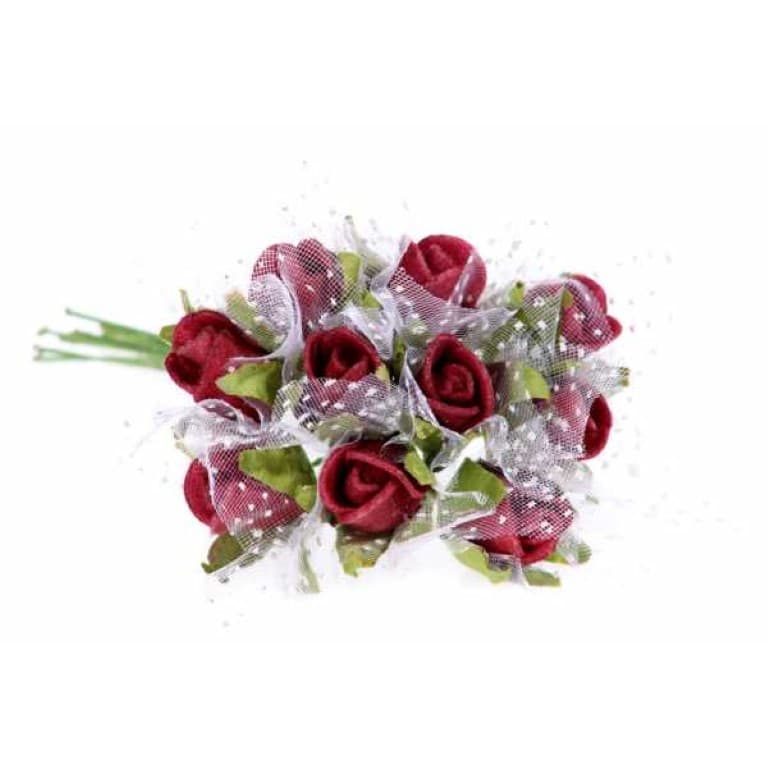 Piankowe róże z tiulem 1,5cm/10szt, bordowe