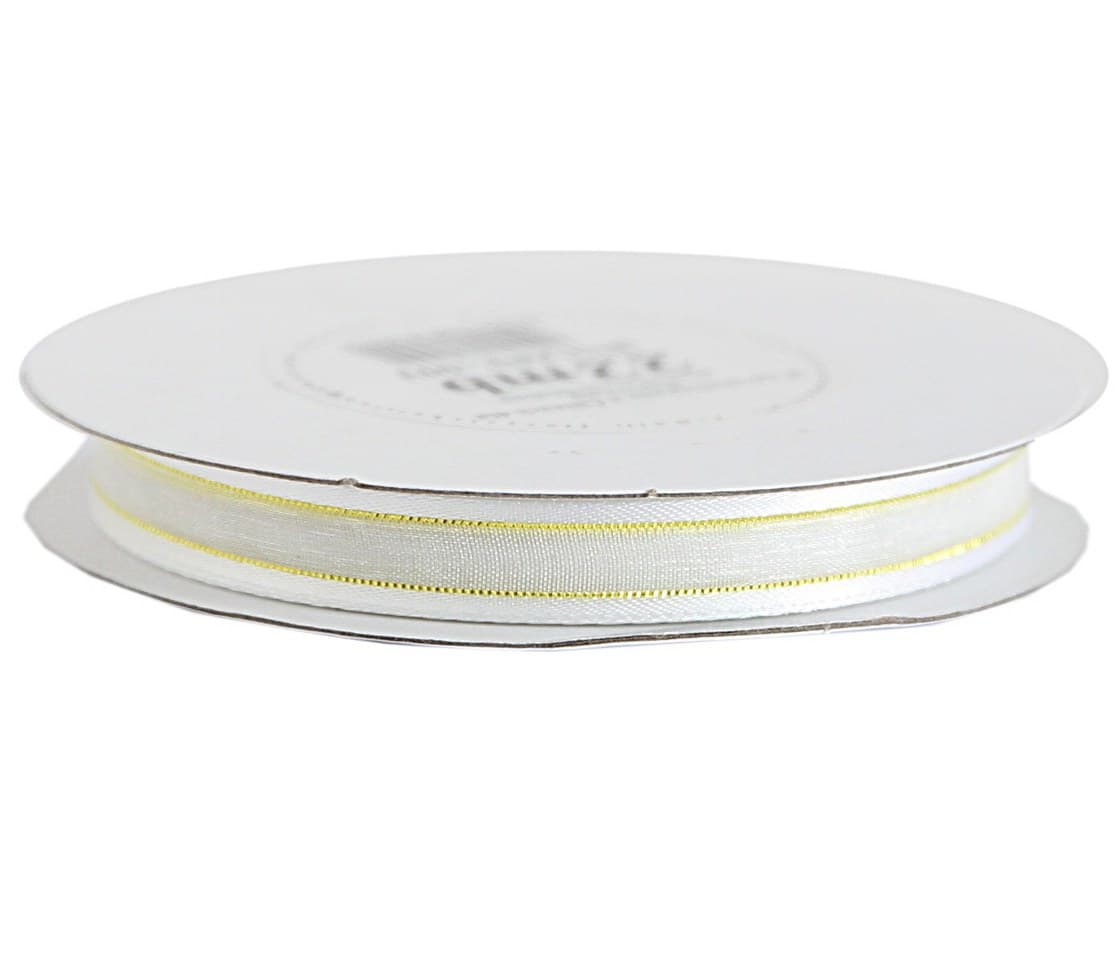 Wstążka szyfon z lamówką GOLD, 9mm/22mb, biała