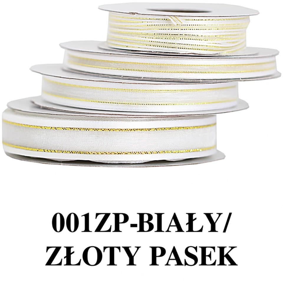 Wstążka szyfon z lamówką GOLD, 9mm/22mb, biała