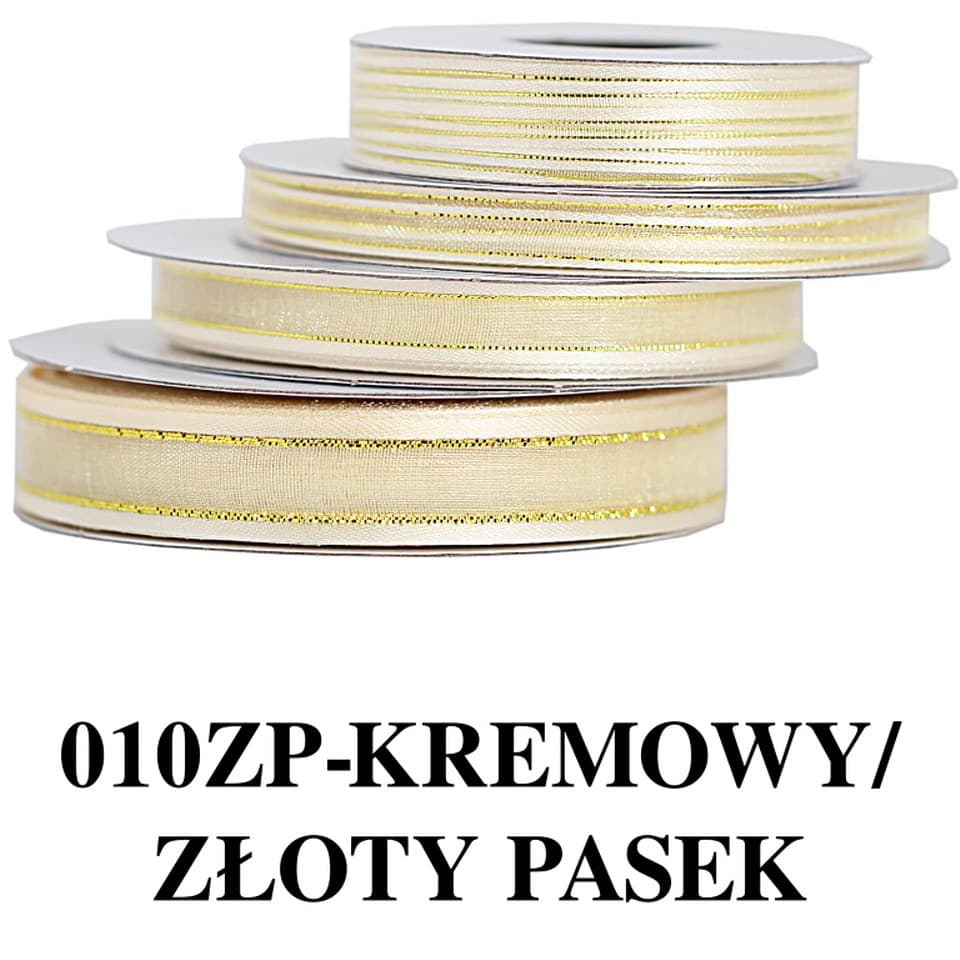 Wstążka szyfon z lamówką GOLD, 15mm/22mb, kremowa