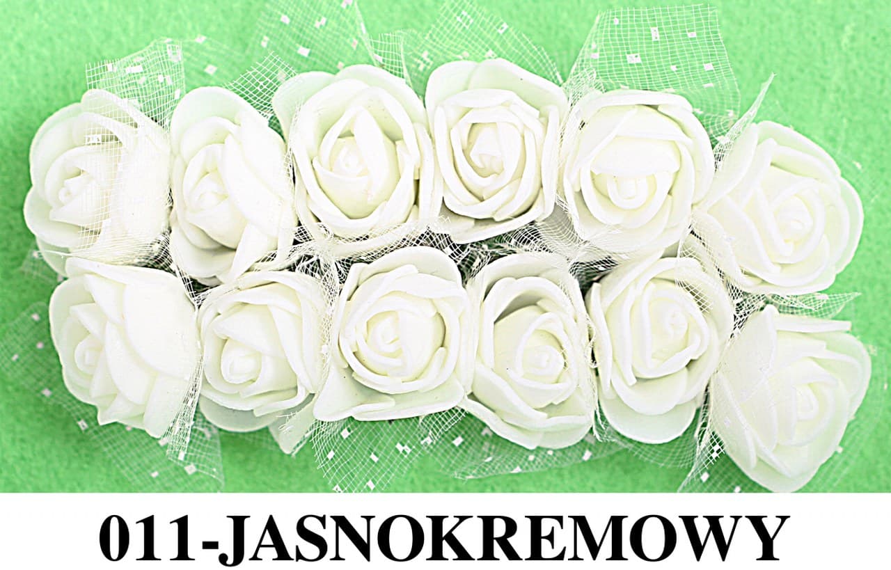 Piankowe kwiaty+tiul, śr.2,5cm/12szt, jasnokremowe