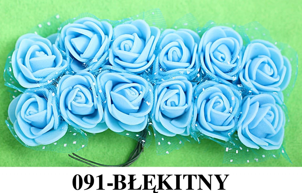 Piankowe kwiaty+tiul, śr.2,5cm/12szt, błękitne