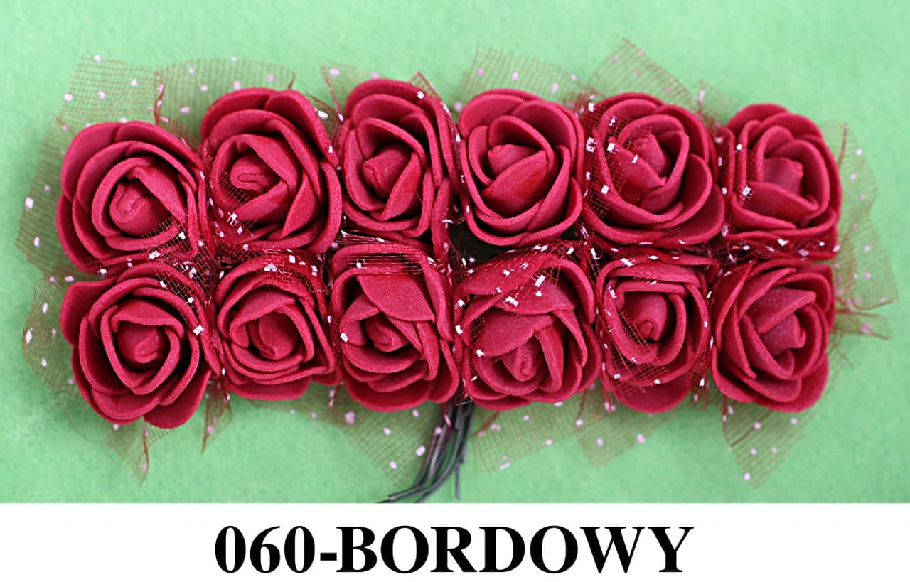 Piankowe kwiaty+tiul, śr.2,5cm/12szt, bordowe