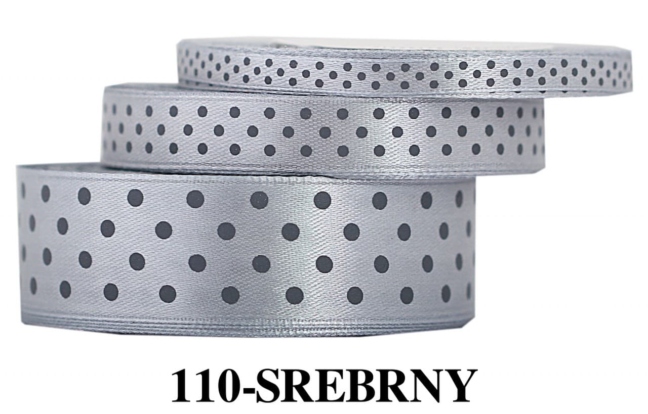 Wstążka satynowa w kropki srebrne, 12mm/22mb 