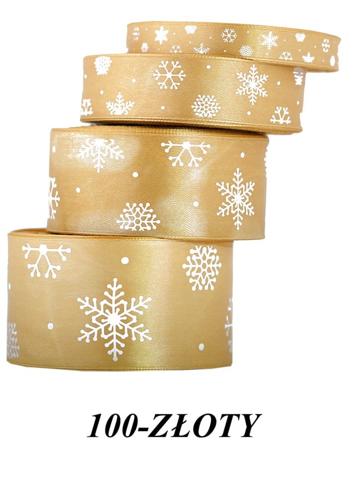 Wstążka satynowa śnieżynki, 25mm/22mb, złota