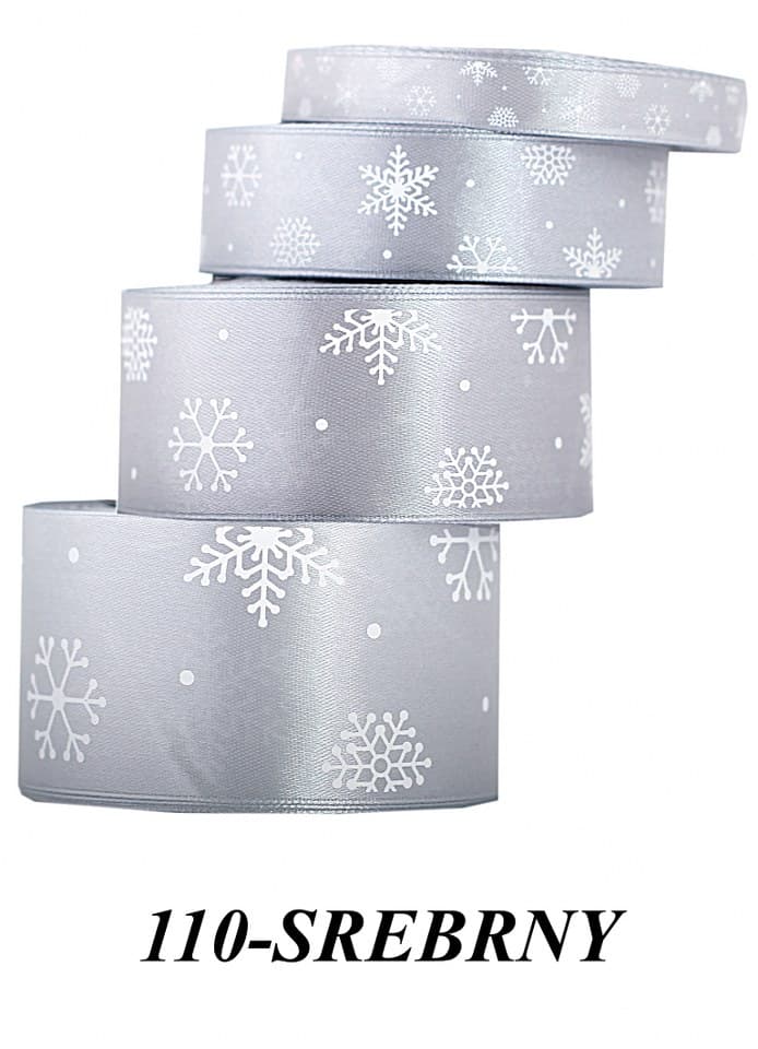 Wstążka satynowa śnieżynki, 38mm/22mb, srebrna