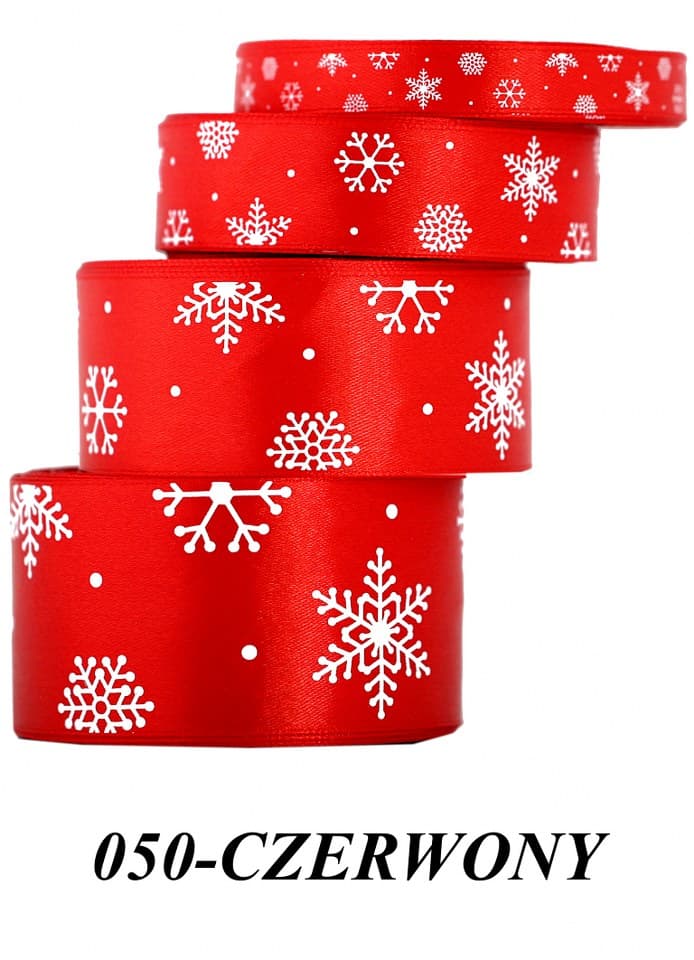 Wstążka satynowa śnieżynki, 50mm/22mb, czerwona