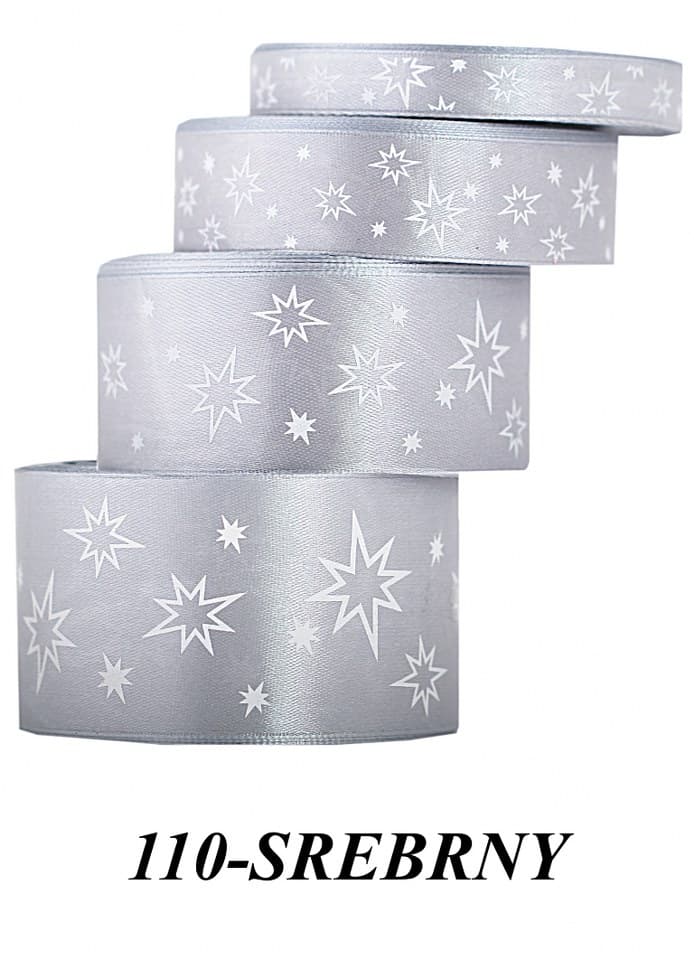 Wstążka satynowa gwiazdki, 50mm/22mb, srebrna