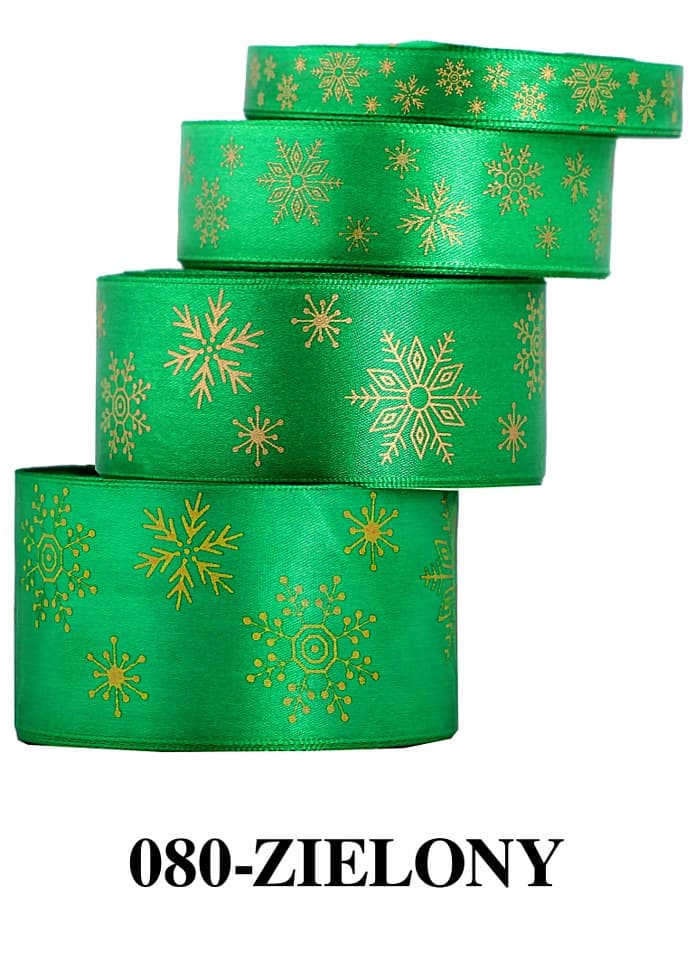 Wstążka w śnieżynki metalizowane 25mm/22mb zielona