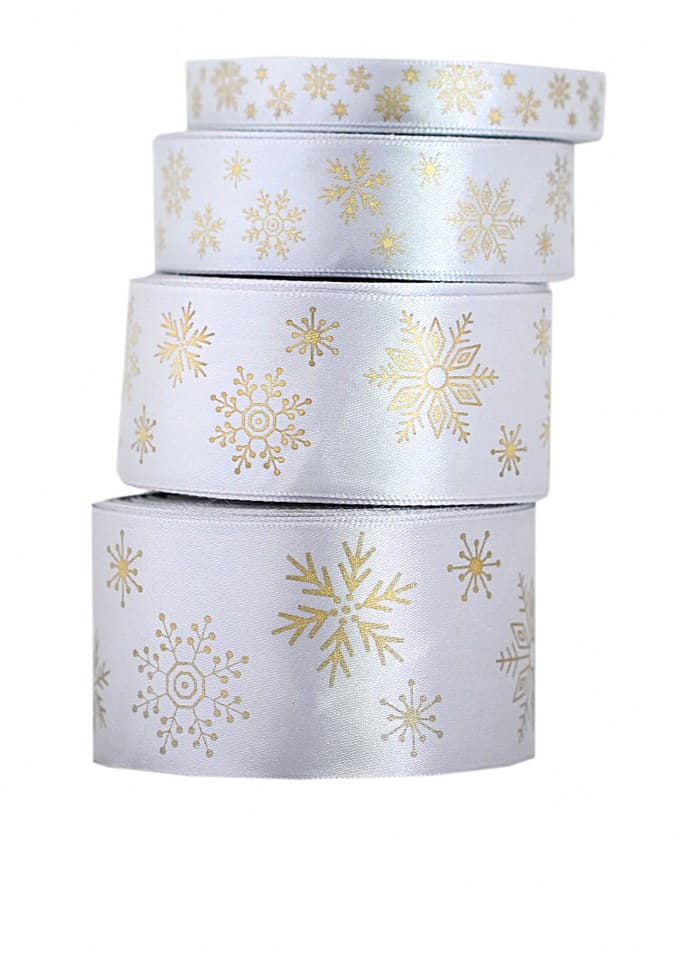 Wstążka w śnieżynki metalizowane 25mm/22mb, srebro