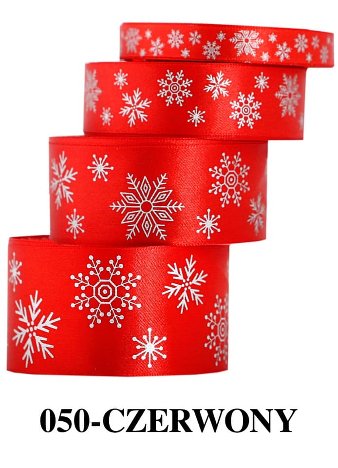 Wstążka w śnieżynki metalizowane 12mm/22m czerwona