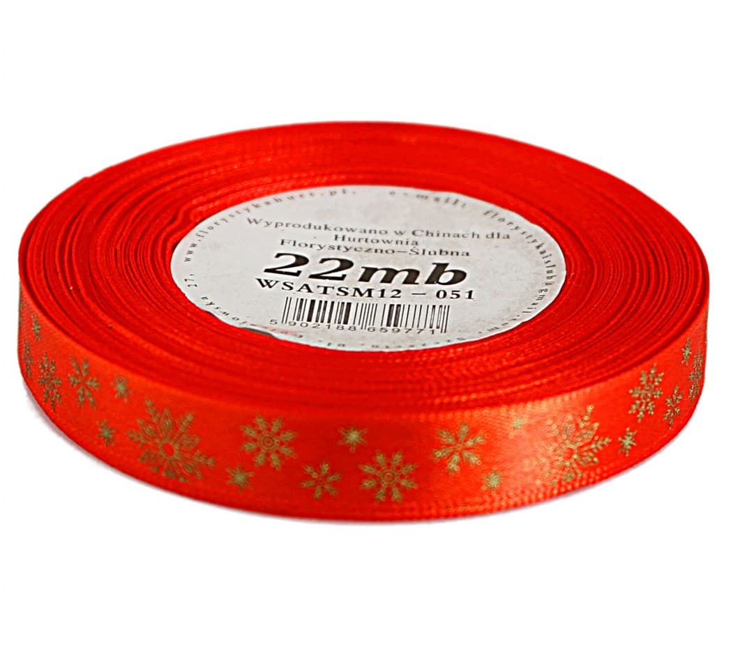 Wstążka w śnieżynki metalizowane 12mm/22 jczerwona