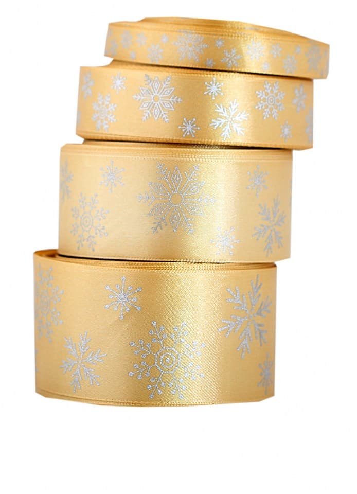 Wstążka w śnieżynki metalizowane 12mm/22mb, złota