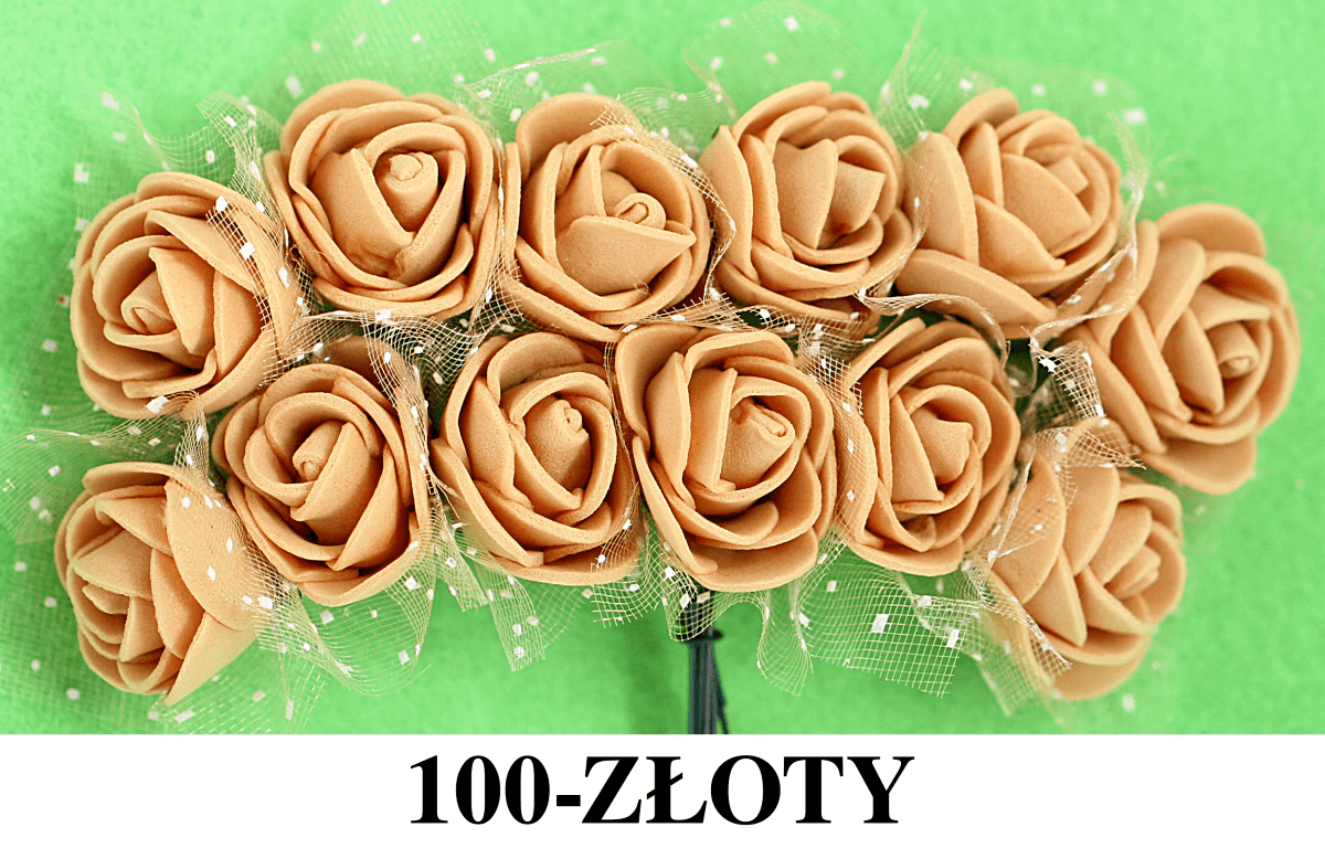 Piankowe kwiaty z tiulem śr.2,5cm/6x12szt, złote