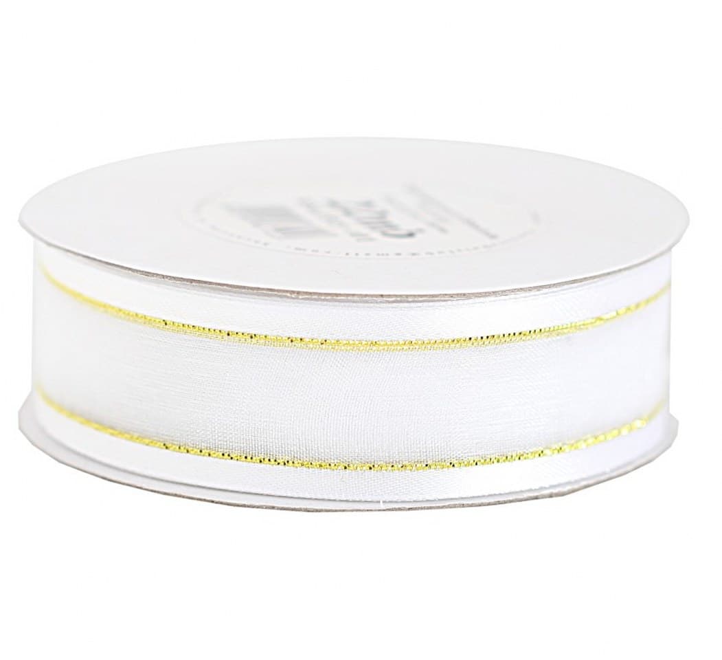 Wstążka szyfon z lamówką GOLD, 25mm/22mb, biała