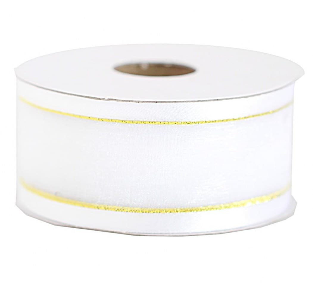 Wstążka szyfon z lamówką GOLD, 38mm/22mb, biała