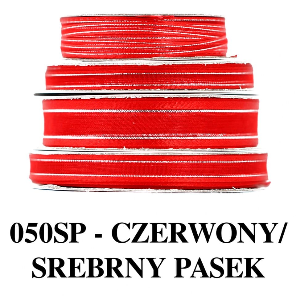 Wstążka szyfon z lamówką SILVER,3mm/22mb, czerwona