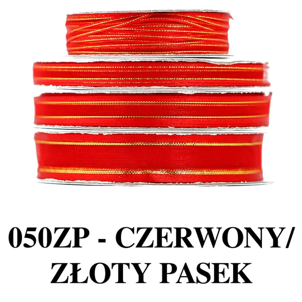 Wstążka szyfon z lamówką GOLD, 9mm/22mb czerwona
