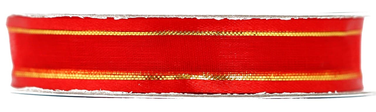 Wstążka szyfon z lamówką GOLD 15mm/22mb czerwona