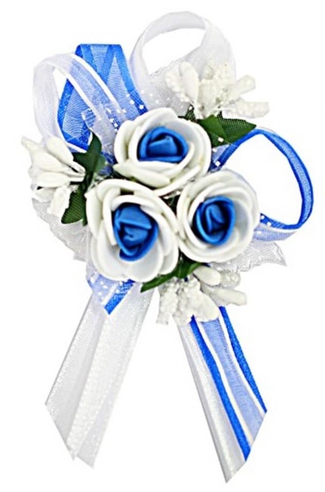 Duży kotylion dla rodziców 6x9cm, biały/chabrowy