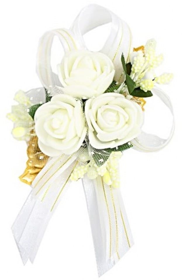 Duży kotylion dla rodziców 6x9cm, biały/złoty liść