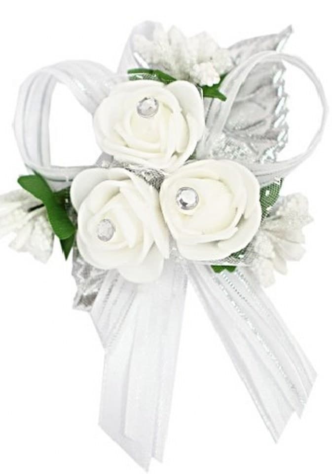 Duży kotylion dla rodziców 6x9cm biał/srebrny liść