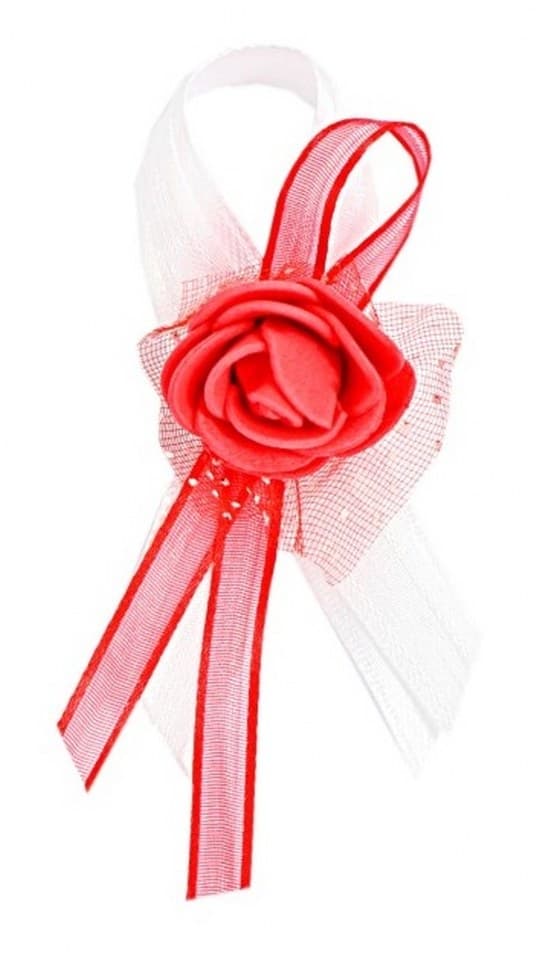 Kotylion z kwiatem piankowym dla gości, czerwony