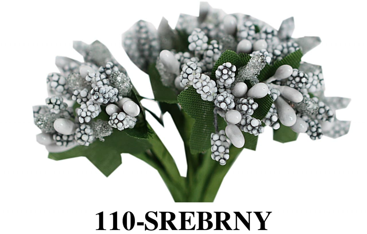 Pręciki na drucie ryż+kulki śr.2cm/12szt, srebrne