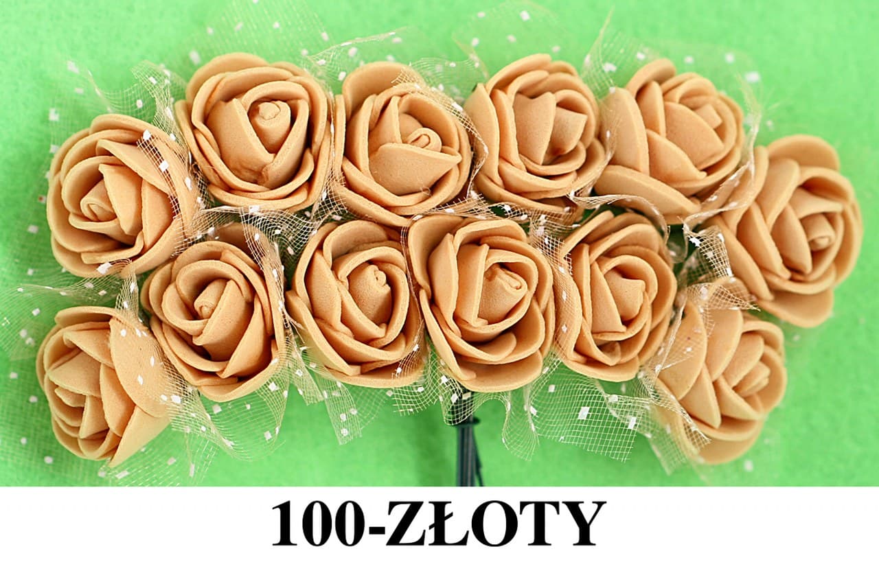 Piankowe kwiaty+tiul, śr.2,5cm/12szt, złote