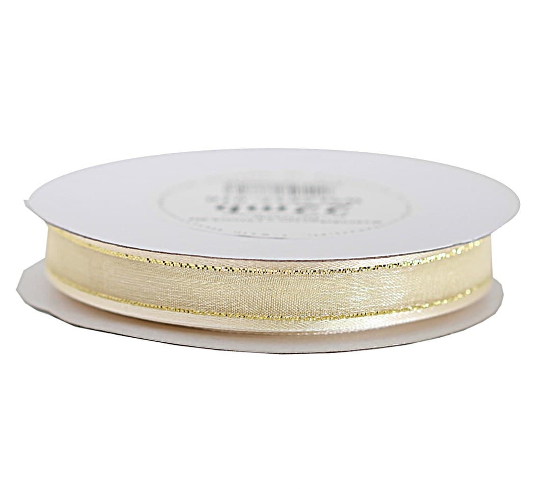 Wstążka szyfon z lamówką GOLD, 12mm/22mb, kremowa