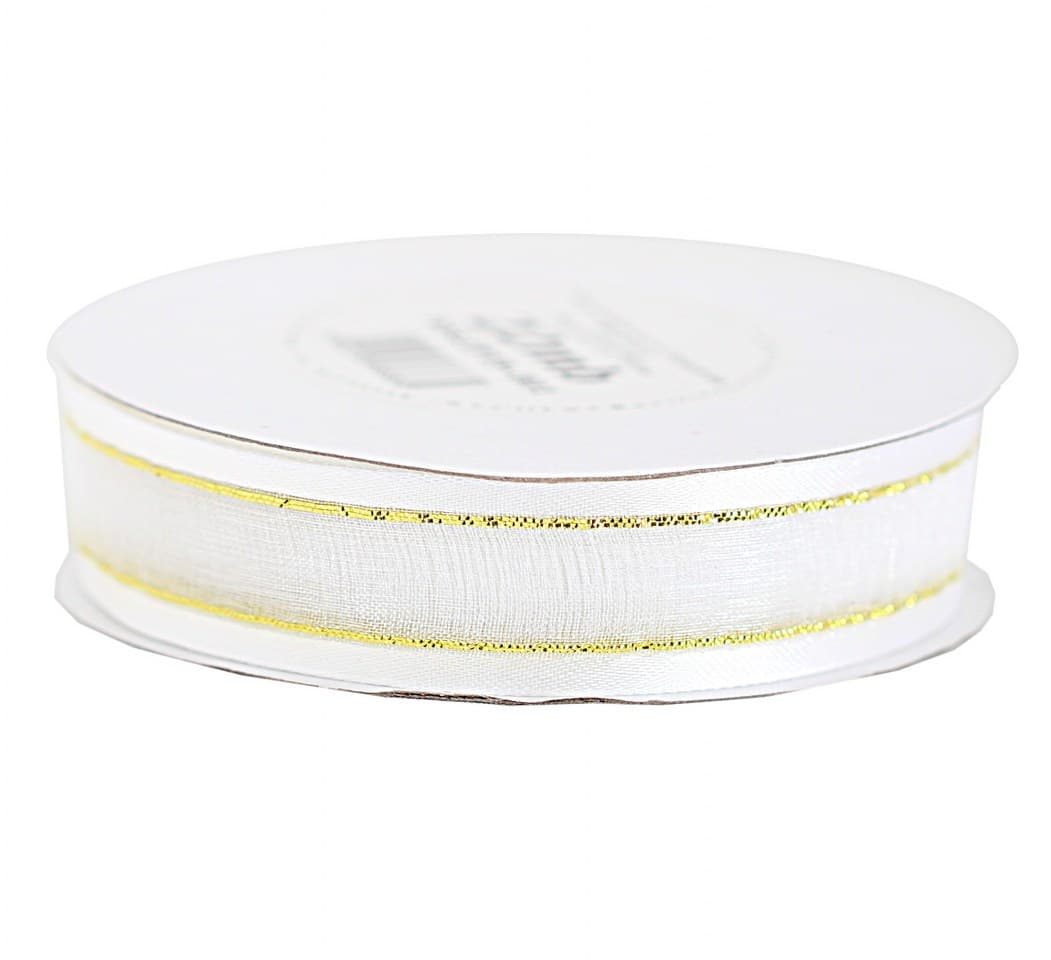 Wstążka szyfon z lamówką GOLD, 19mm/22mb, biała
