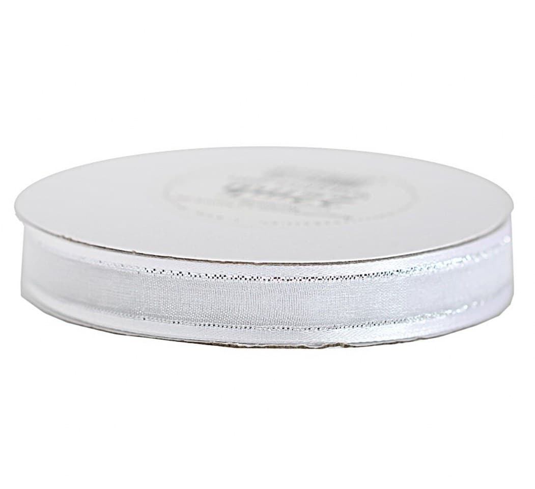 Wstążka szyfon z lamówką SILVER, 12mm/22mb, biała