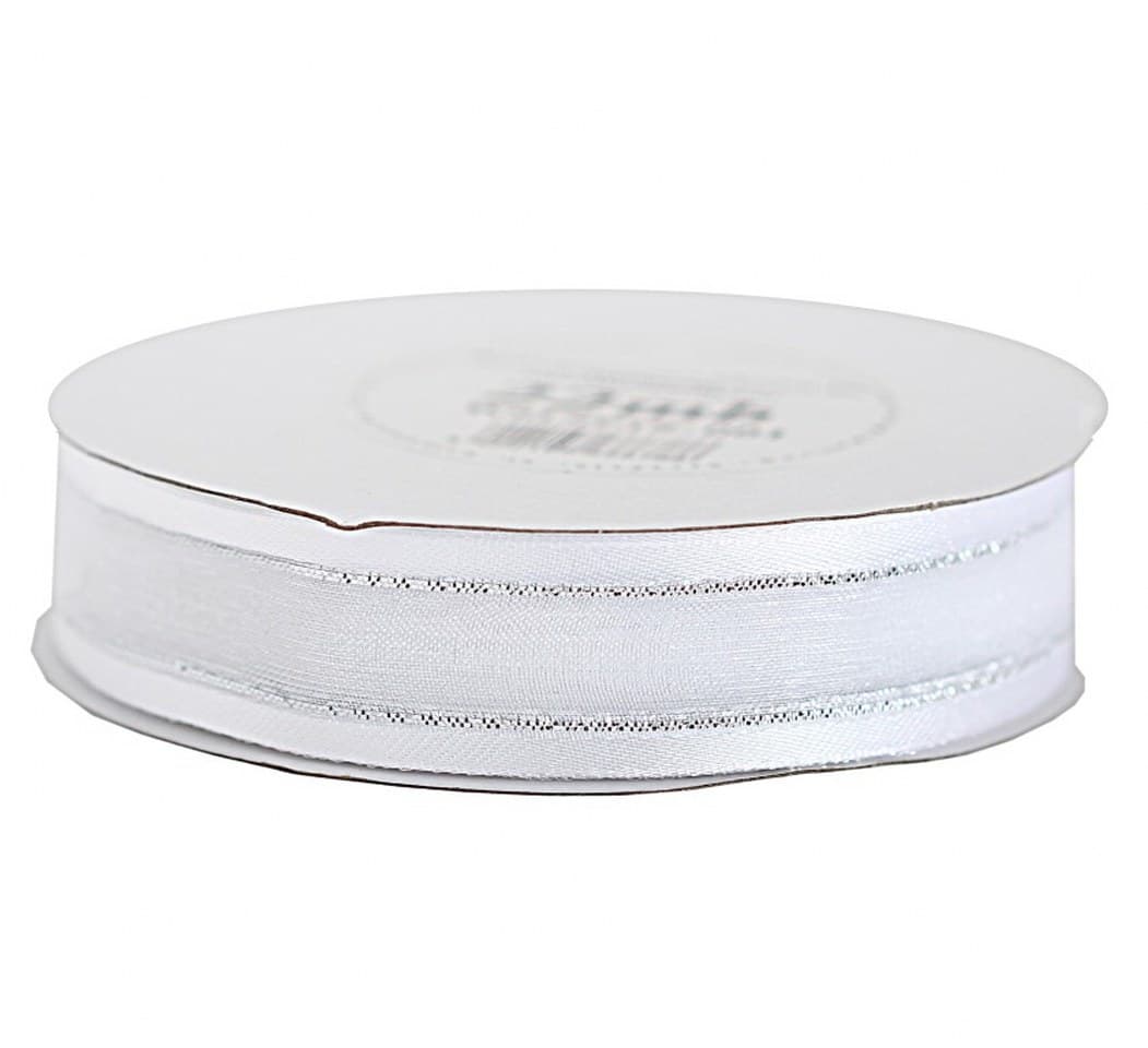 Wstążka szyfon z lamówką SILVER, 19mm/22mb, biała