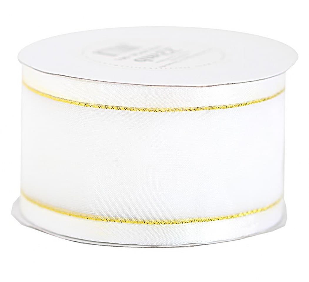 Wstążka szyfon z lamówką GOLD, 50mm/22mb, biała