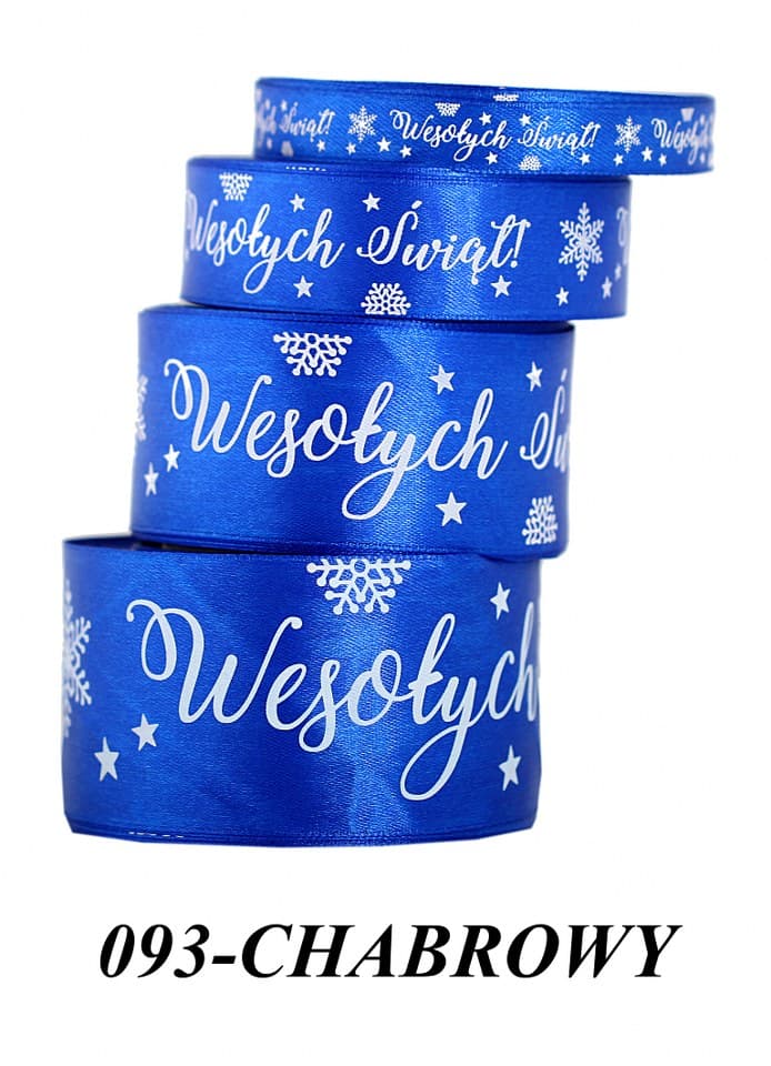 Wstążka satyna Wesołych Świąt 12mm/22mb, chabrowa